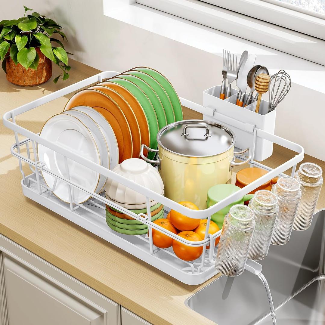 TOOLF Dish Drying Rack, Dish Racks for Kitchen Counter, Stainless Steel Sink Organization and Storage Essentials with Cutlery Holder, Dish Drainer, Home and Appartment Decor, 12.4''W x 16.5''L, White