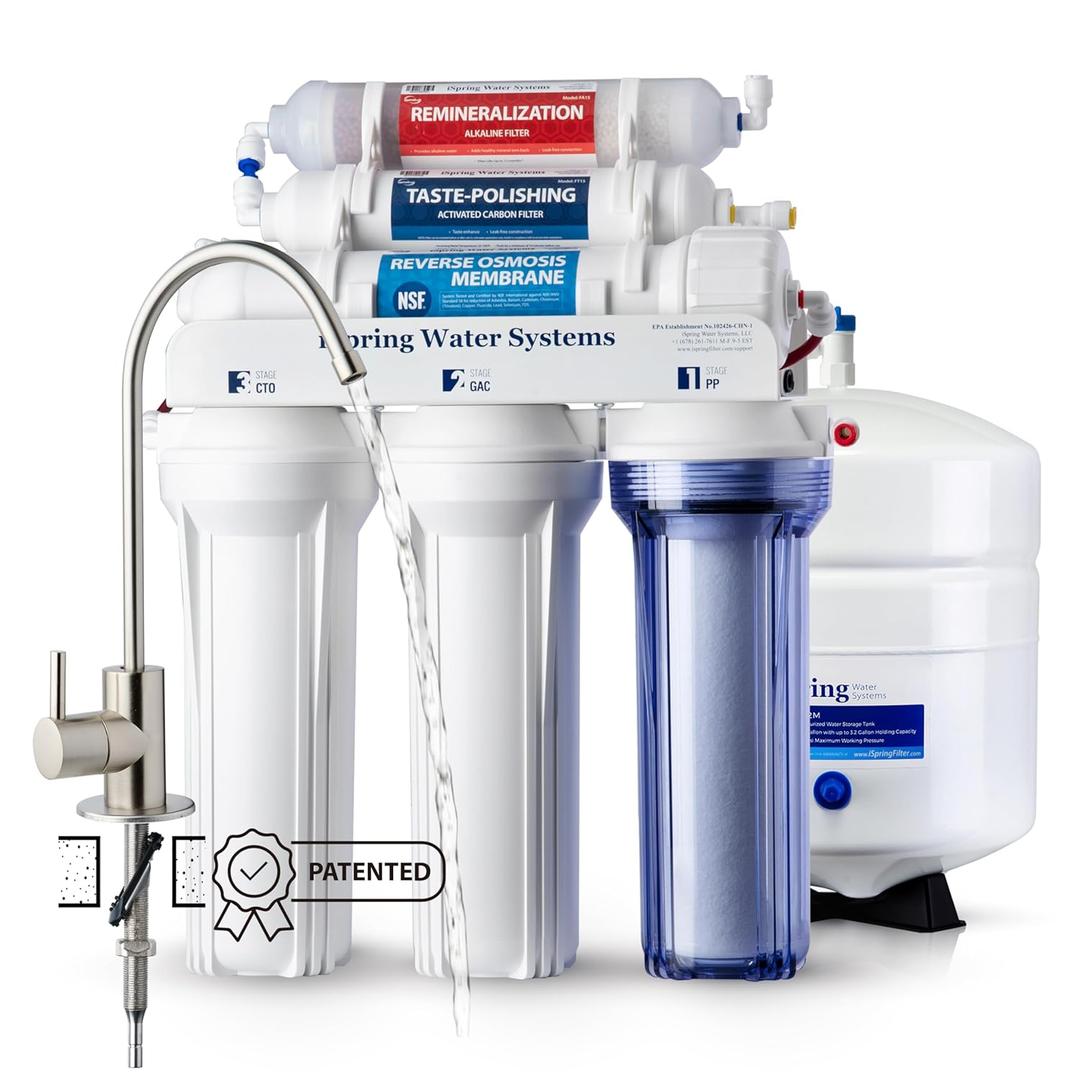 iSpring RCC7AK, NSF Certified, 75 GPD, Alkaline 6-Stage Reverse Osmosis System, pH+ Remineralization RO Water Filter System Under Sink, Patented Top-Mounted Faucet Design for Easy Installation (Brushed Nickel)
