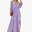 DEEP SELF Women Summer V Neck Cold Shoulder Short Sleeve Maxi Dress High Waist Split Wedding Guest Long Dress. Size Large