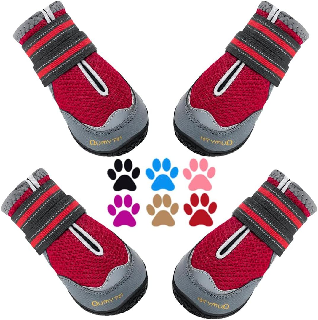QUMY 4PCS Dog Boots for Dog Shoes & Paw Protectors for Hot Pavement, Summer Heat Protection, Mesh Breathable Nonslip Dog Booties for Hardfloors, Walking Running Hiking Red Size 5