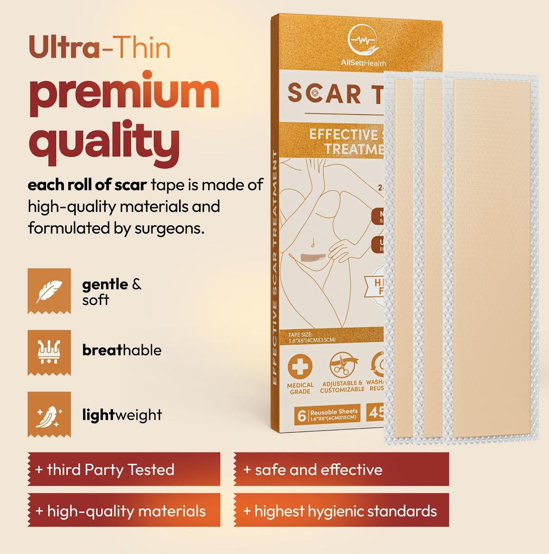 AllSett Health Silicone Sheets for Scars, Post Surgery, Tummy Tuck, CSection Recovery, Keloid Bump Removal, Stretch Marks Removal, Face Acne (6 Inch x 1.6 Inch)  Pack of 2