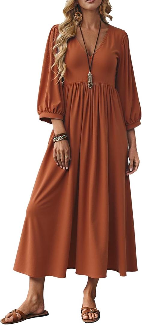 Celmia Autumn Solid Loose Long Maxi Dress Cotton Caftan (3XL, Puff Orange)