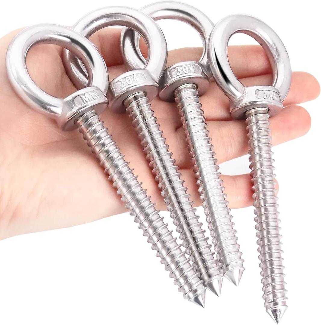 OHIYO 5 Inch Heavy Duty Eye Hooks M10 Self Tapping Eyelet Screw Load Capacity 700LBS Heavy Duty Screw in Eye Hooks for Hammock Stand, Swing Chair, Yoga, Heavy Indoor & Outdoor Uses (4Pack- M10) (Silver)