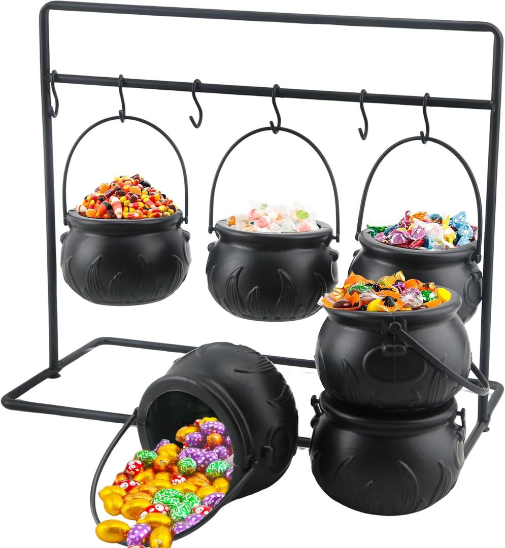 6 Pack Small Halloween Witch Cauldron Candy Bowl Plastic Black Cauldron Serving Bowls with Halloween Cauldron On Rack and 6 Pack Hook for Halloweens Party Decoration