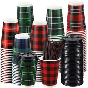 Yungyan 60 Pack 12 oz Christmas Hot Cups with Lids Buffalo Plaid Disposable Coffee Cups with Stirrers Stir Straws Disposable Paper Cups for Party Hot Cocoa Chocolate Cold Drinks Coffee Shops
