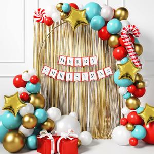 HOUSE OF PARTY Christmas Balloons Garland Multicolor - 145 Pcs With Merry Banner & Foil Curtains | Balloons With Candy Cane for Party Decorations