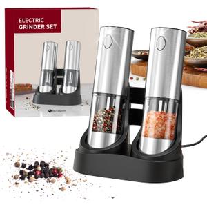 Electric Pepper & Salt Grinder Set, Automatic Seasoning Mill, Type-C Rechargeable Coarseness Adjustable, with LED Light, 95ml Enlarged Silo & Washable Storage Base, Stainless Steel