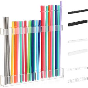 9.5 Large Acrylic Straw Holder for Cabinet Door Straw Organizer Dispenser with Double-Sided Tape Tumbler Storage Kitchen Accessories Container for Counter Cupboard(Transparent)