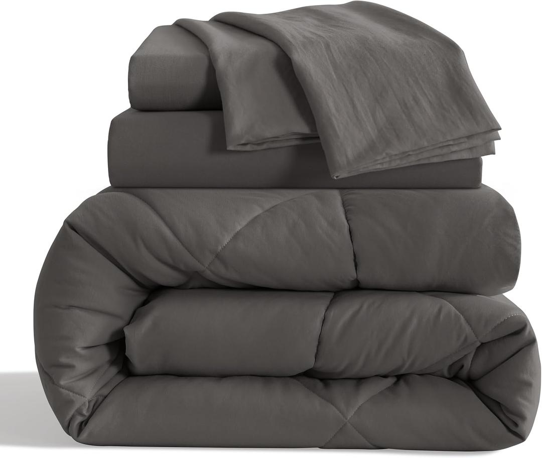 Twin Size Comforter Set, 5 Pieces Soft Bedding for All Seasons, Bed in A Bag, Kids Bedding Set with 1 Comforter, 1 Fitted Sheet, 1 Flat Sheet, 2 Pillowcases, Dark Grey