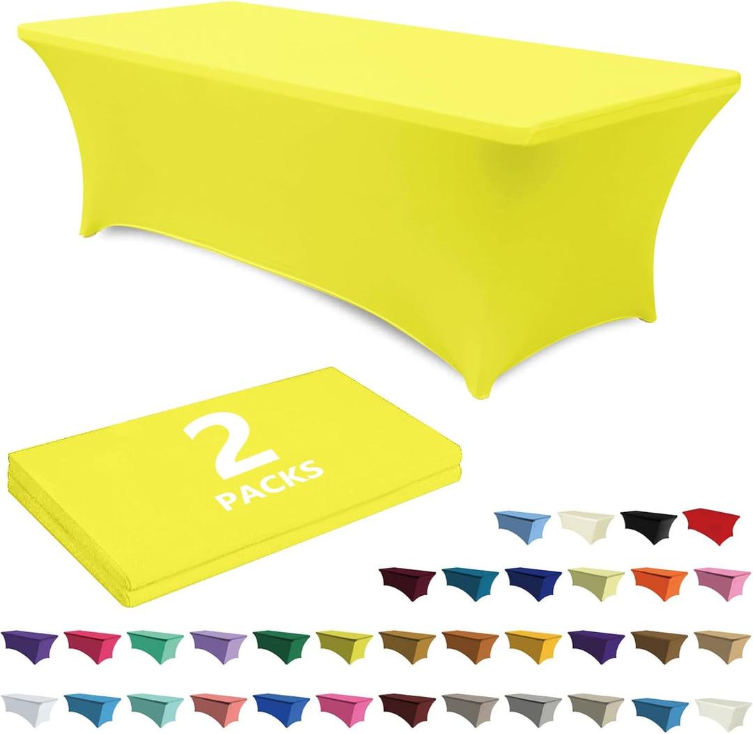 ABCCANOPY 2 Pack 6 FT Spandex Table Cover Stretch Fitted Wrinkle Resistant Tablecloth Reuse for Rectangular Folding Table Patry Event Wedding Banquet (Bright Yellow)