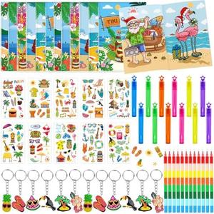 HABDJILTY 60 Pcs Hawaiian Party Favors Summer Beach Party Favors Coloring Books Tiki Tattoo Stickers Bubble Wands Keychain Tiki Luau Birthday Gift Bag Stuffers for Beach Pool Party Supplies, Pack 2