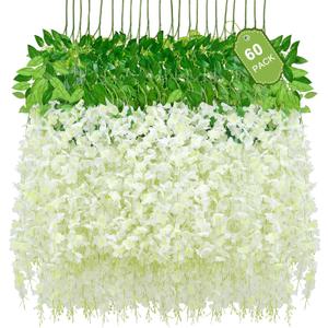 60 Pack White Wisteria Hanging Flowers, Fake Hanging Flowers for Decoration, Artificial Hanging Flowers, Vines for Bedroom, Flower Garland for Home, Party, Garden, Wall, Wedding Decoration(3.6 Ft/Pcs)