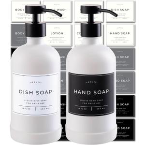 Hand and Dish Soap Dispenser for Kitchen and Bathroom, Set of 2 16 Oz Glass Bottles, Stainless Steel Pumps, Non-Slip Silicone Base, 27 Waterproof Labels (Matte White Bottle/Black Pump)