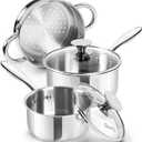 MICHELANGELO Stainless Steel Saucepans with Steamer 5Pcs, 18/10 Saucepan Set with Glass Lids, Sauce Pot Set with Triply Bottom Induction Compatible - 1QT & 2QT