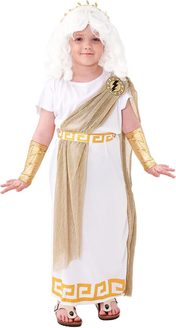 Kid Zeus Costume,Greek God Costume Kid,Ancient Greek Outfit with Headband,Wrist Cover,Halloween Grecian Costume (Small, Gold)