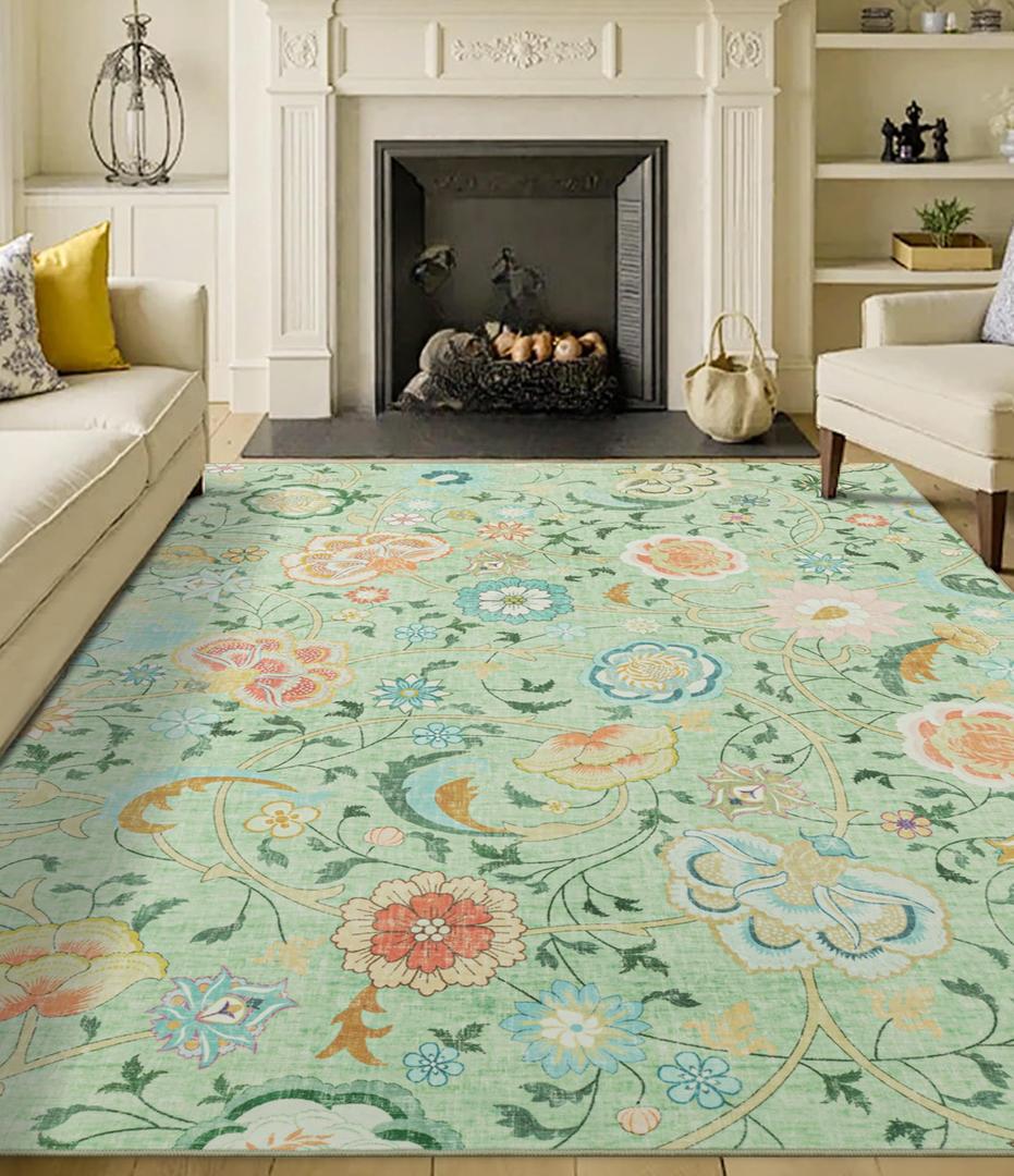Floral 8x10 Area Rug Machine Washable Soft Print Boho Carpet Non Slip Doormat Low Pile Flower Area Rugs for Living Room Bedroom Nursery Kitchen Dining Room Indoor-Light Green