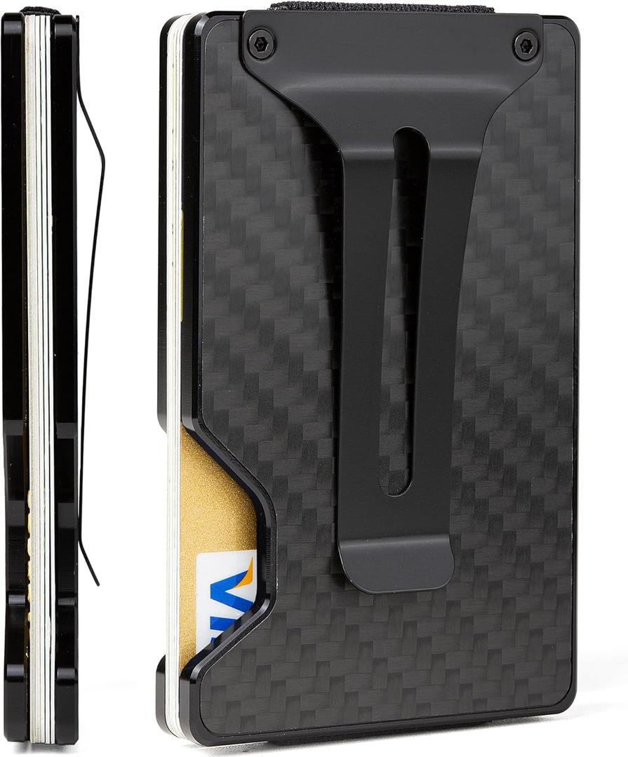 Carbon Fiber Minimalist Wallet for Men, Slim Metal RFID Blocking Wallet Credit Card Holder Money Clip & Cash Strap, Scratch-Resistant Holds 15 Cards,Ideal Gift for Men | Matte Carbon Fiber