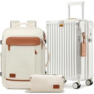 Joyway 20in Carry On Luggage with Cup Holder and USB Port, 25% Expandable Capacity, Smart Suitcase with Anti Slip Wheels and Backpack, Perfect for Men and Women 3 Piece Set White