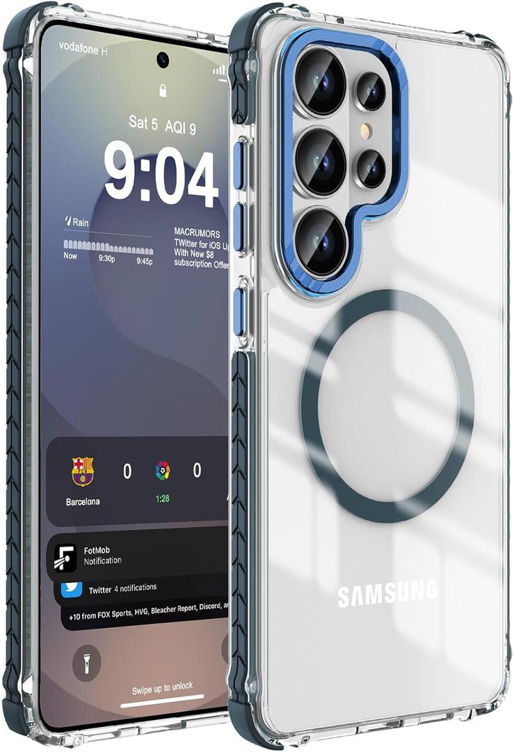 DEERLAMN Strong Magnetic Case for Samsung Galaxy S26 Ultra 6.9-Inch,[Compatible with Magsafe][Military Grade Drop Protection] Clear Slim Shockproof Protective Phone Cover, Transparent+Blue