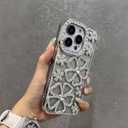 YTanazing Cute Glitter Bling Flower Case for iPhone 16 Pro Max,Luxury Diamond Glitter Rhinestone 3D Floral Women Girls and Sparkly Shiny Slim Shockproof Case for iPhone 16 Pro Max, Silver
