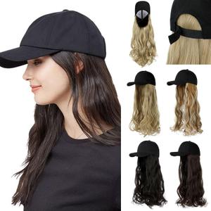 Baseball Hat Wig,Hat with Hair attached 24'' Adjustable Black Cap with Long Wavy Synthetic Hair Extensions for Women Girls(Dark Black)