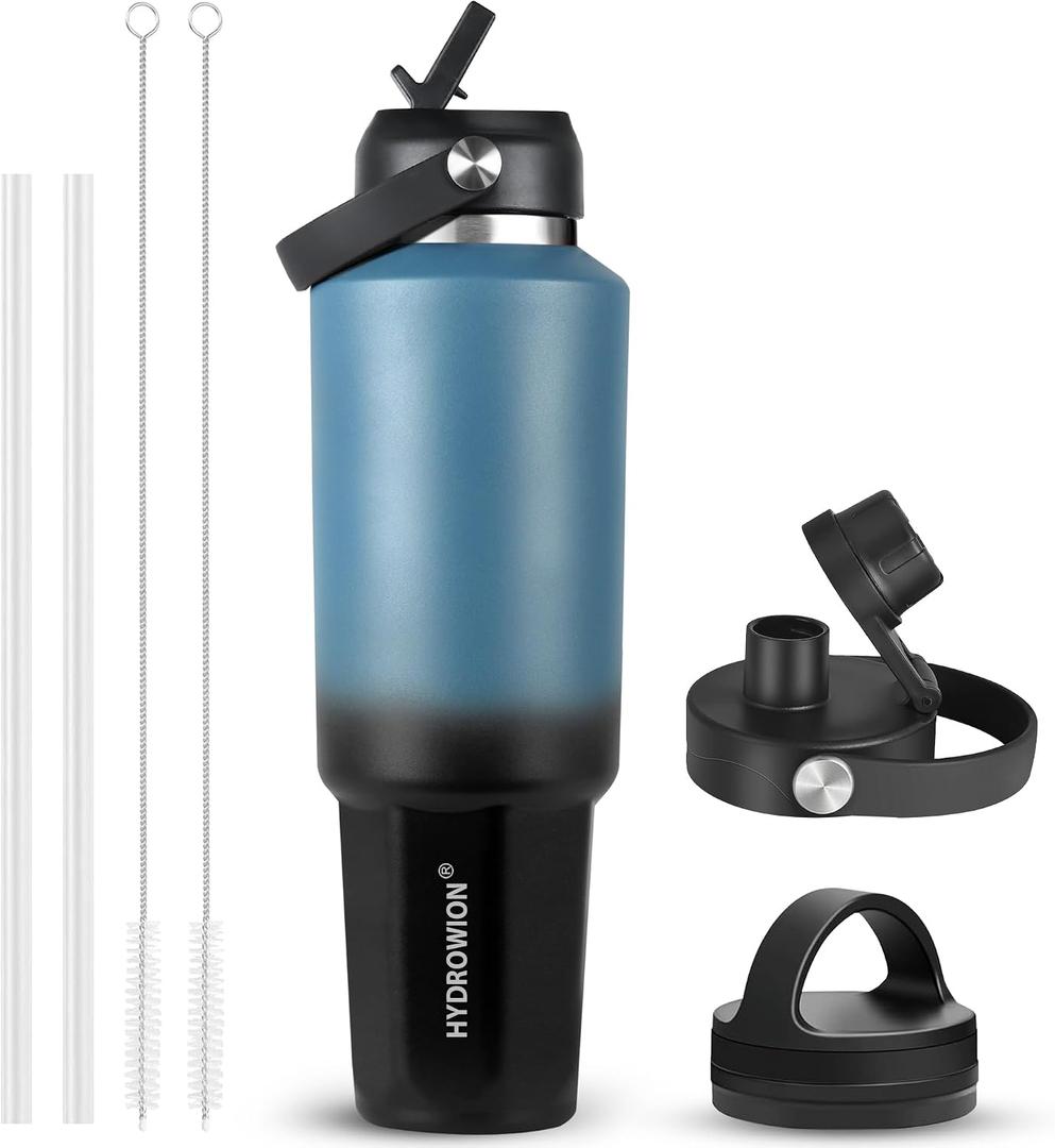 HYDROWION 40 oz Insulated Water Bottle, Car Water Bottle Holder - Double Wall Vacuum Insulated Travel Bottle with Straw Lid, Spout Lid and Flex Cap - Cold for 24H, Hot for 12H, Blue - Black