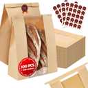 Brown Kraft Paper Bread Bags with Window & Tin Ties (100 Pack + Stickers) - 14x8.3x3.5" Professional Bakery Storage Bags, Wholesale Bread Packaging, Bulk Restaurant Supply Gift Goods