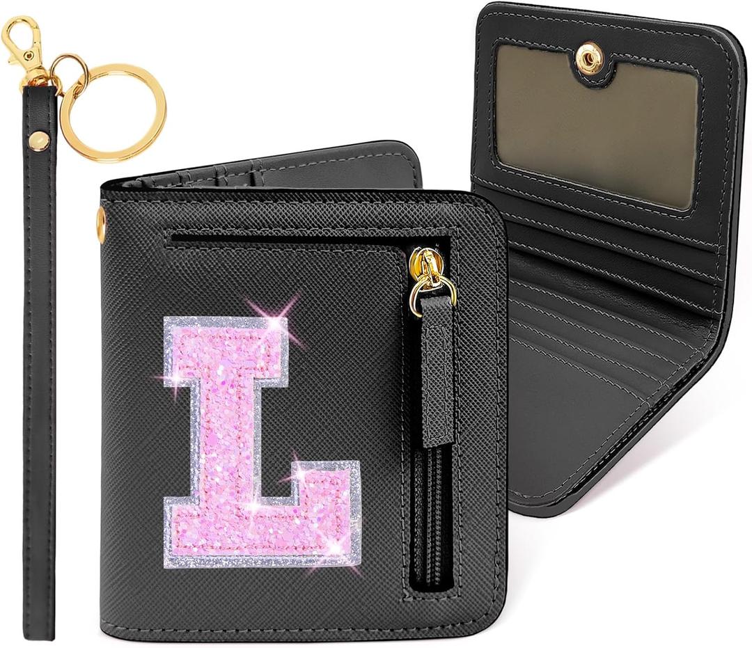 COSHAYSOO Small Wallet RFID Mini Bifold Travel Purse with Initial Letter Slim Thin Compact Pocket Minimalist Wallet Birthday Christmas Valentines Easter Gifts for Girls Friend Women Black L