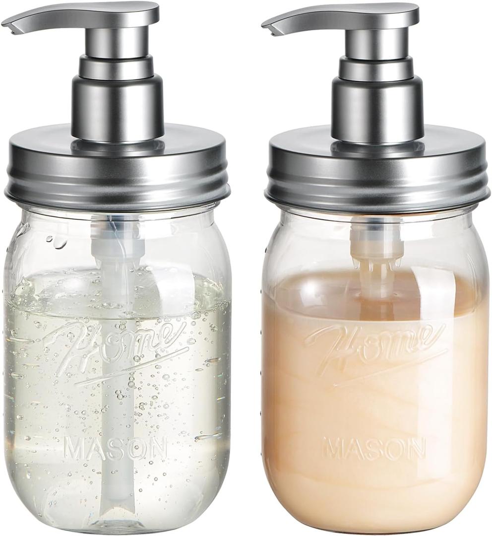 Amolliar Plastic Mason Jar Soap Dispenser with Pump Lid,16OZ Refillable BPA-Free Hand Soap Dispenser Set with Cute Lables, Farmhouse Decor for Kitchen Bathroom, Liquid Soap, Dish Soap (2 Pack, Silver)