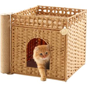 Stylish Cat Litter Box Enclosure with Scratching Post – Handwoven Rattan Cat House, Hidden Litter Mat & Fence, 20.5×18.5×19.1 in, Indoor & Outdoor Use