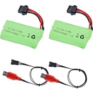 7.4V Li-ion Battery 600mAh 2S Rechargeable with SM-4P Plug and USB Battery Charger Fit for Most Water Ball Blaster RC Car Trucks Battery 2PACK