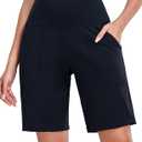 Oalka Women's High Waisted Shorts Yoga Workout Bermuda Long Hiking Shorts with Pockets (Medium, 10" Black)