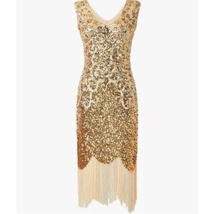 1920S Vintage Party Dress Women V-Neck Sleeveless Beaded Sequin Tassel Dance Mini Dress. XL
