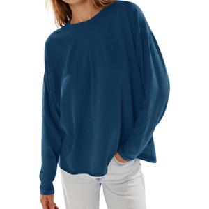 Yousify Womens Long Sleeve Oversized Tshirts Cotton Crewneck Casual Tunic Tops Trendy Loose Fit Basic Tees (Small, Dark Blue)