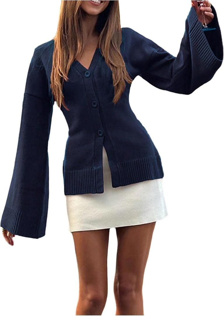 MakeMeChic Women's Y2K Long Bell Sleeve Cardigans Sweater V Neck Button Down Open Front Knit Fall Clothes, L