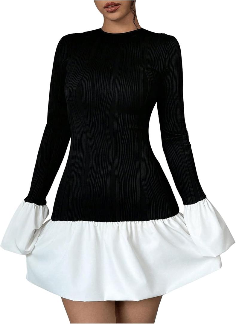 GORGLITTER Women's Long Sleeve Bubble Dress Fall Trendy Color Block Cocktail Birthday Dinner Going Out Mini Dresses (Medium, Black and White)