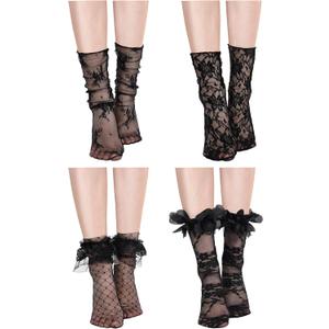 Geyoga 4 Pairs Women's Lace Socks Ankle High Lace Loose Sheer Mesh Slouch Socks for Women (5-9, Black)