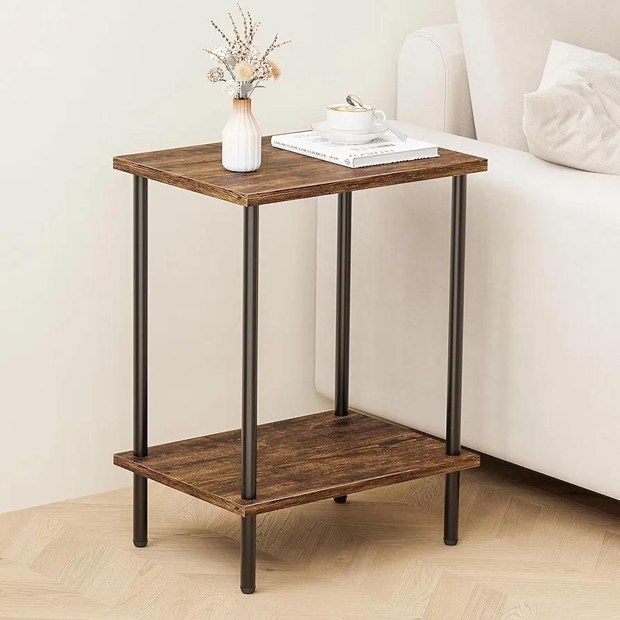 Kornculor 2-Tier End Table, Small Space Side Table, Metal Frame Night Stand, Entryway, Living Room, Bedroom, Office, Solid Stable, Easy Assembly, Classic, Rustic Brown