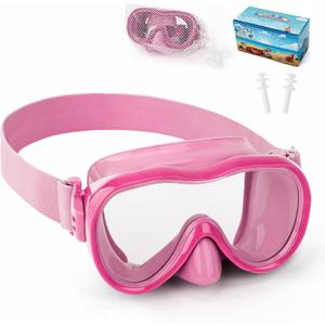 Kids Swim Goggles 180 Snorkel Diving Mask with Nose Cover, Anti-Fog Kids Swimming Goggles with Elastic Fabric Strap for Kids Boys Girls (Pink-Pink)