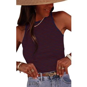 Women's Stripe Ribbed Knit Tank Tops Summer Casual Slim Fit Sleeveless Tops for Daily Wear (Medium, Zs-navy Blue Red Stripe)