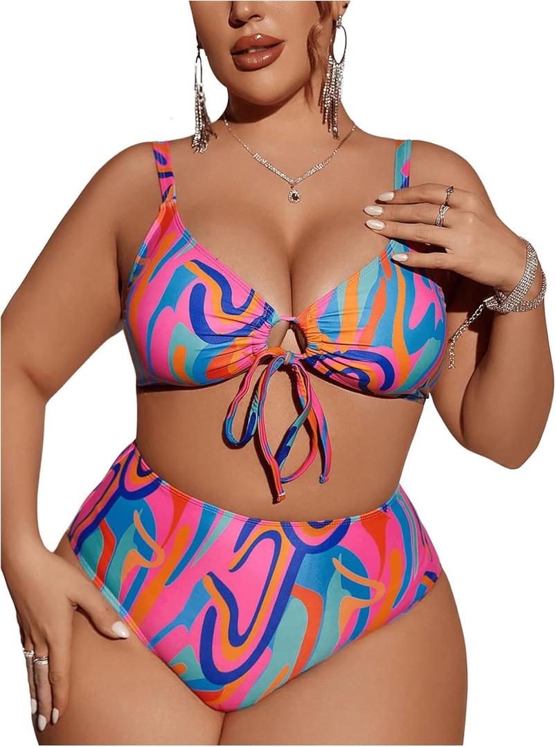 SOLY HUX Women's Plus Size Swimsuit Printed Tie Front 2 Piece Bikini Summer High Waist Bathing Suits 1XL