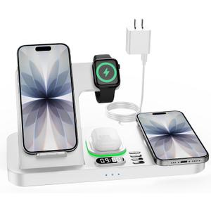 Dual Phone Wireless Charging Station for Apple Devices, Magnetic Charging Station for iPhone with Auto Switch 7-Color Light&Clock, Family Watch Charger for iPhone17 for iWatch11 for AirPods Pro3(Cream
