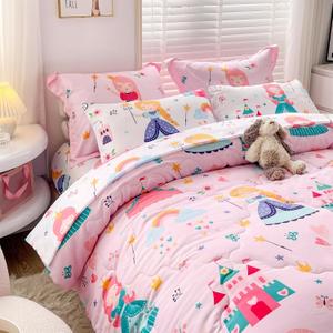 Wajade Kids Pink Princess Comforter Set Bed in A Bag Queen Size 7 Piece Princess Fairy Tales Castle Bedding Set for Girl (1 Comforter, 1 Flat Sheet, 1 Fitted Sheet, 2 Pillowcase and 2 Pillow Sham)