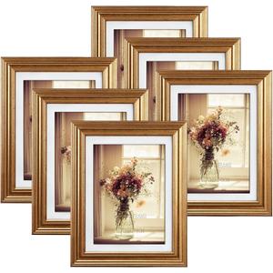MEBRUDY 5x7 Picture Frames (Gold, 6 Pack), Display Pictures 5x7 with Mat or 6x8 Without Mat, Photo Frames for Wall Mount or Table Top