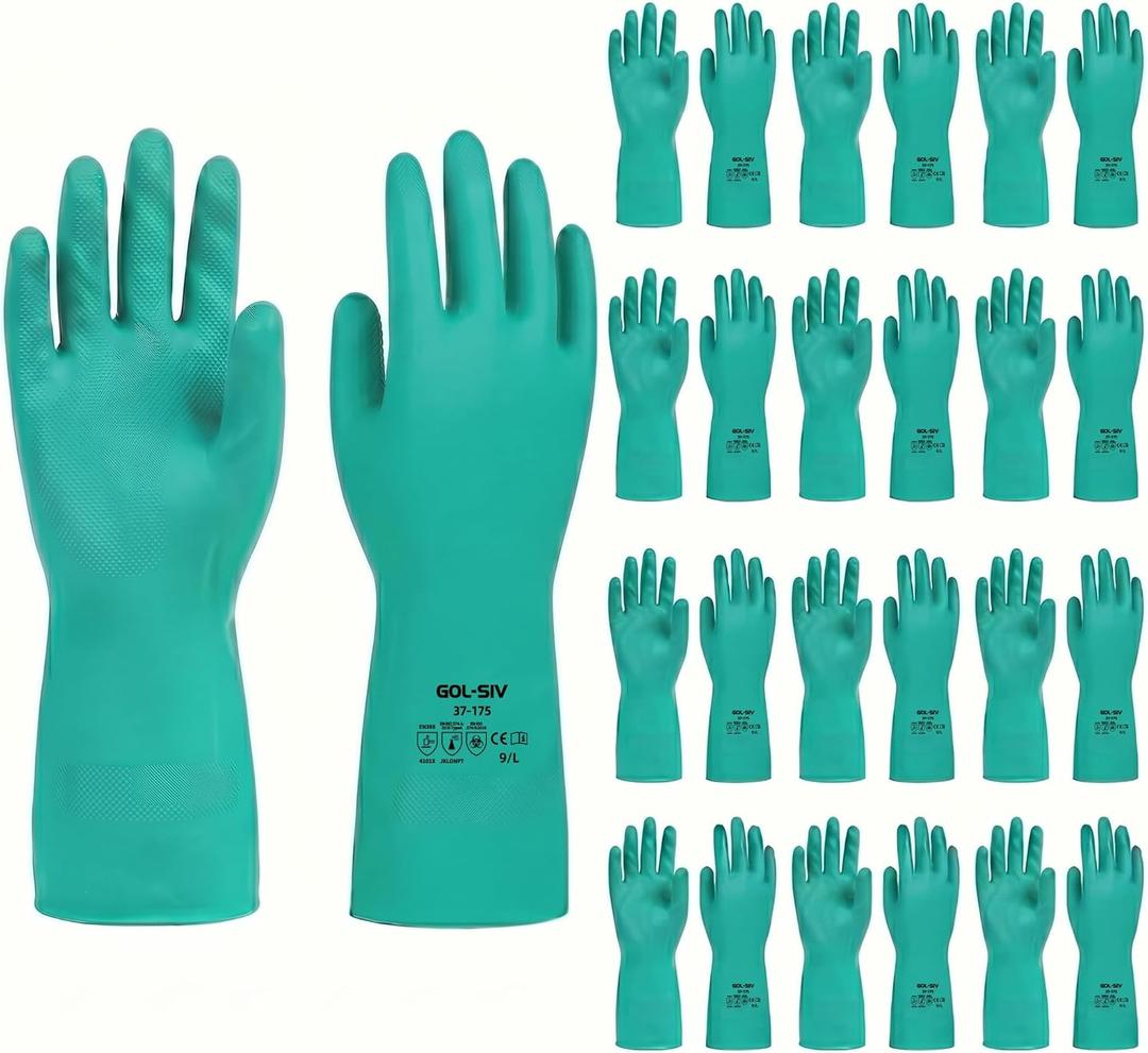 Nitrile Chemical Resistant Gloves 12 Pairs, 18mil, Reusable Heavy Duty Safety Work Gloves, for Industrial & Cleaning, Acid Alkali Oil Protection, Puncture Resistant, Large