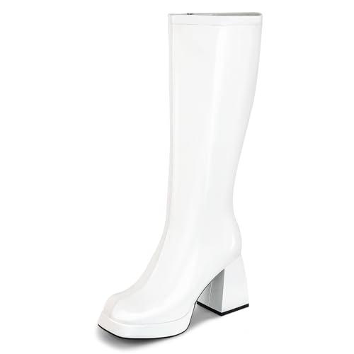 SOVANYOU White Knee High Boots for Women White Gogo Boots of the 70s Disco Tall Boot Square Toe Chunky High Heeled Patent Leather Long Boot, 6
