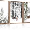 CHDITB Winter Wonderland Framed Canvas Wall Art Set Of 3, Nature Deer Wall Decor, Snowy Landscape Wall Painting, Farmhouse Winter Scene Cottage Art Prints for Living Room, Bedroom Decor (12X16 Inch)