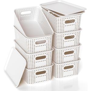 Plastic Storage Basket with Lid, Stackable Small Box Bins for Organizing and Containers for Shelves Drawers Desktop Closet Playroom Pantry Classroom Office Home, 8 Pack 10.2x7.2x4.1 Inch, White