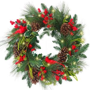 24 Inch Christmas Wreaths for Front Door, Christmas Door Wreaths with Birds,Pine Cones and Battery Operated LED Lights Large Artificial Xmas Wreath for Outdoor Holiday Decor