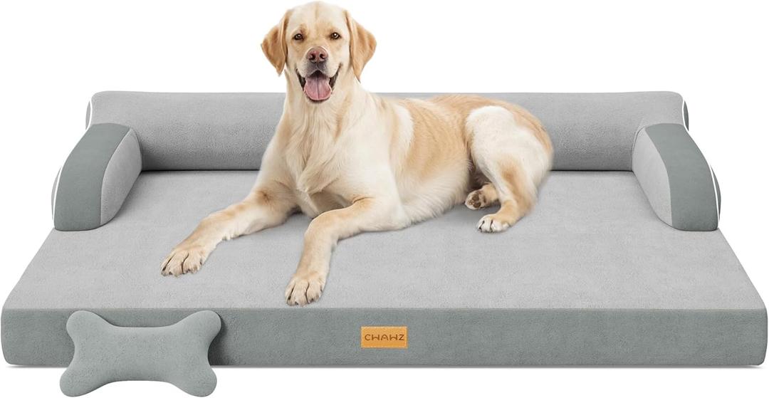 XL Plus Orthopedic Dog Bed, Big Dog Bed for Large Sized Dogs, Dual-Sided Pet Cooling Beds with Memory Foam Washable Cover Nonslip Bottom, Waterproof Pet Couch with Bolster, Light Grey (Jumbo(45"L x 35"W x 9.5"Th))